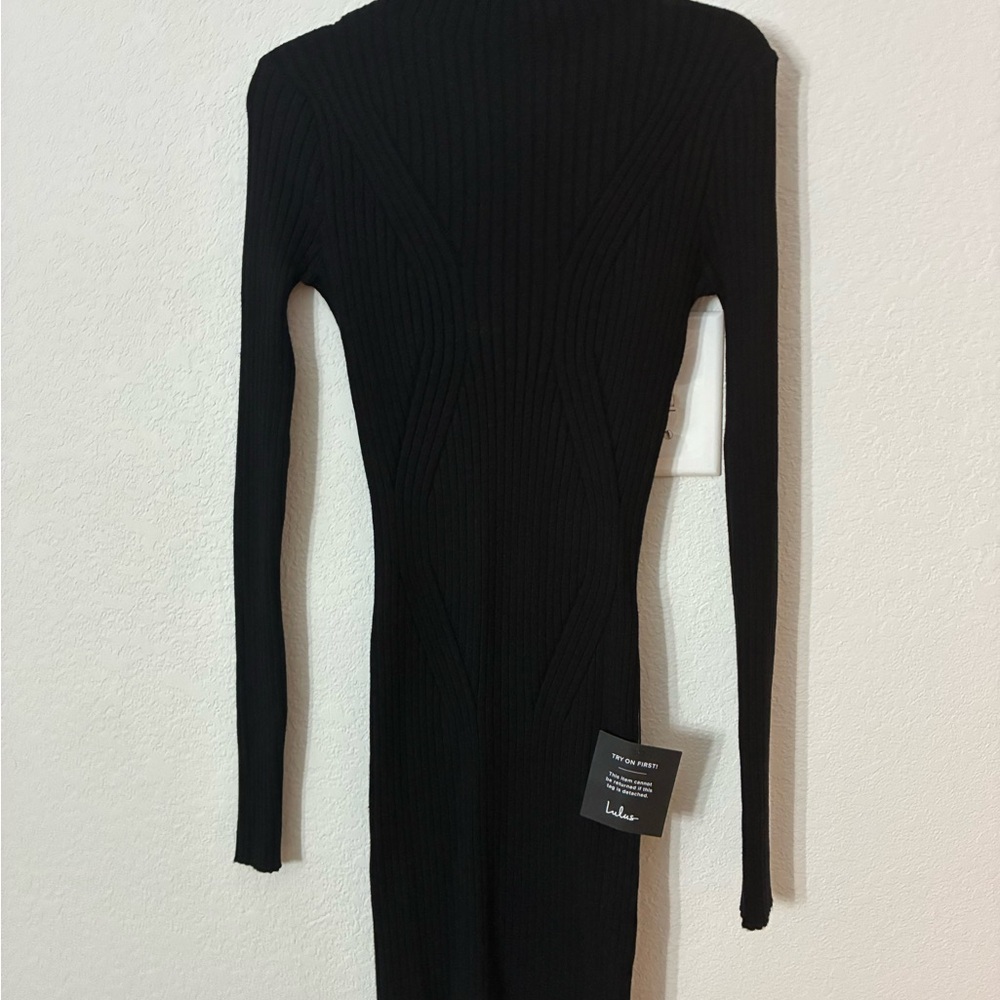 NWT Lulus Black Ribbed Bodycon Midi Dress Mock Neck Long Sleeve Small
